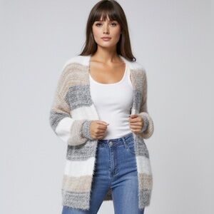 Color Block Drop Shoulder Open Front Fluffy Knit Cardigan